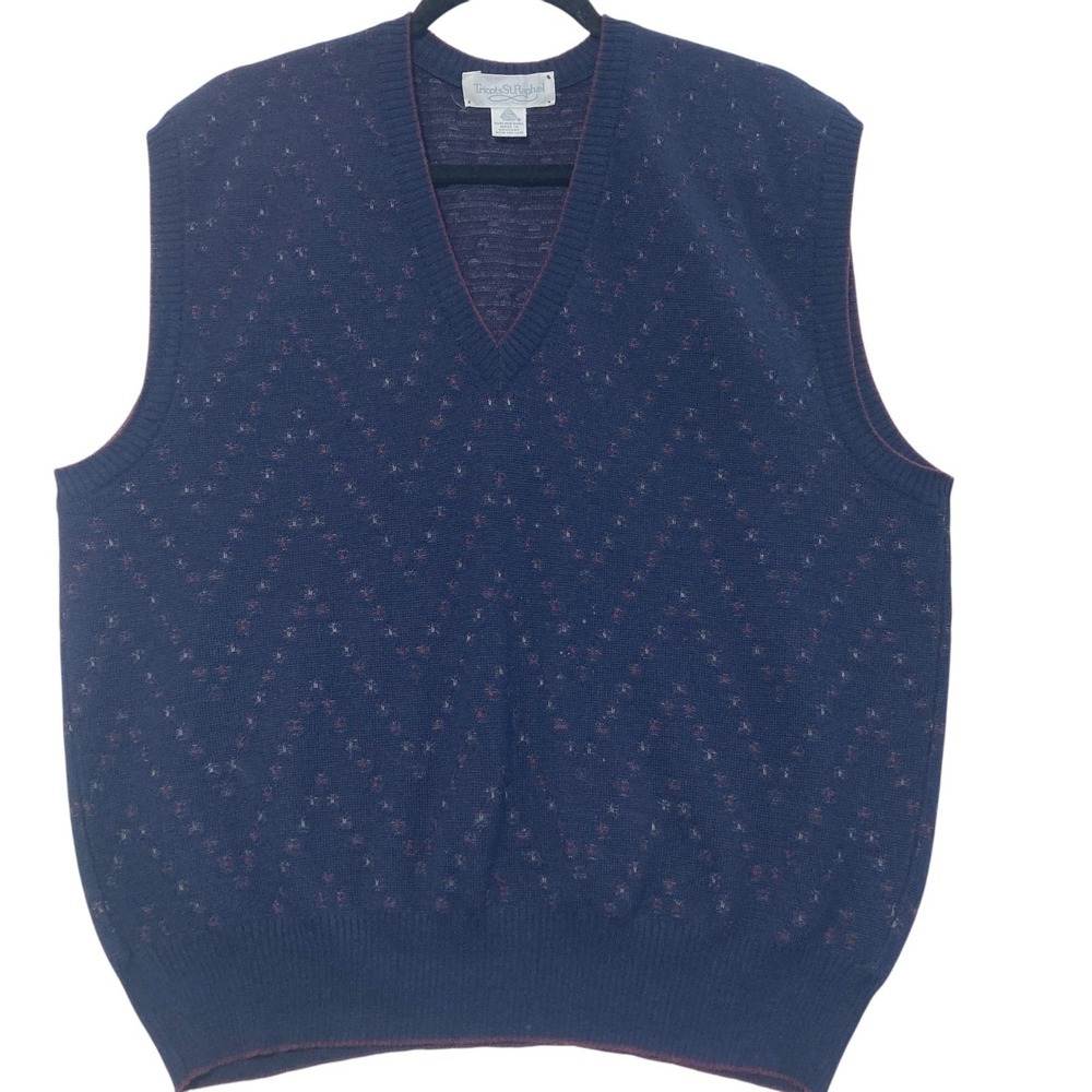 Vintage Tricots St Raphael Mens Wool Sweater Vest Navy Blue Chevron V-Neck L/XL
